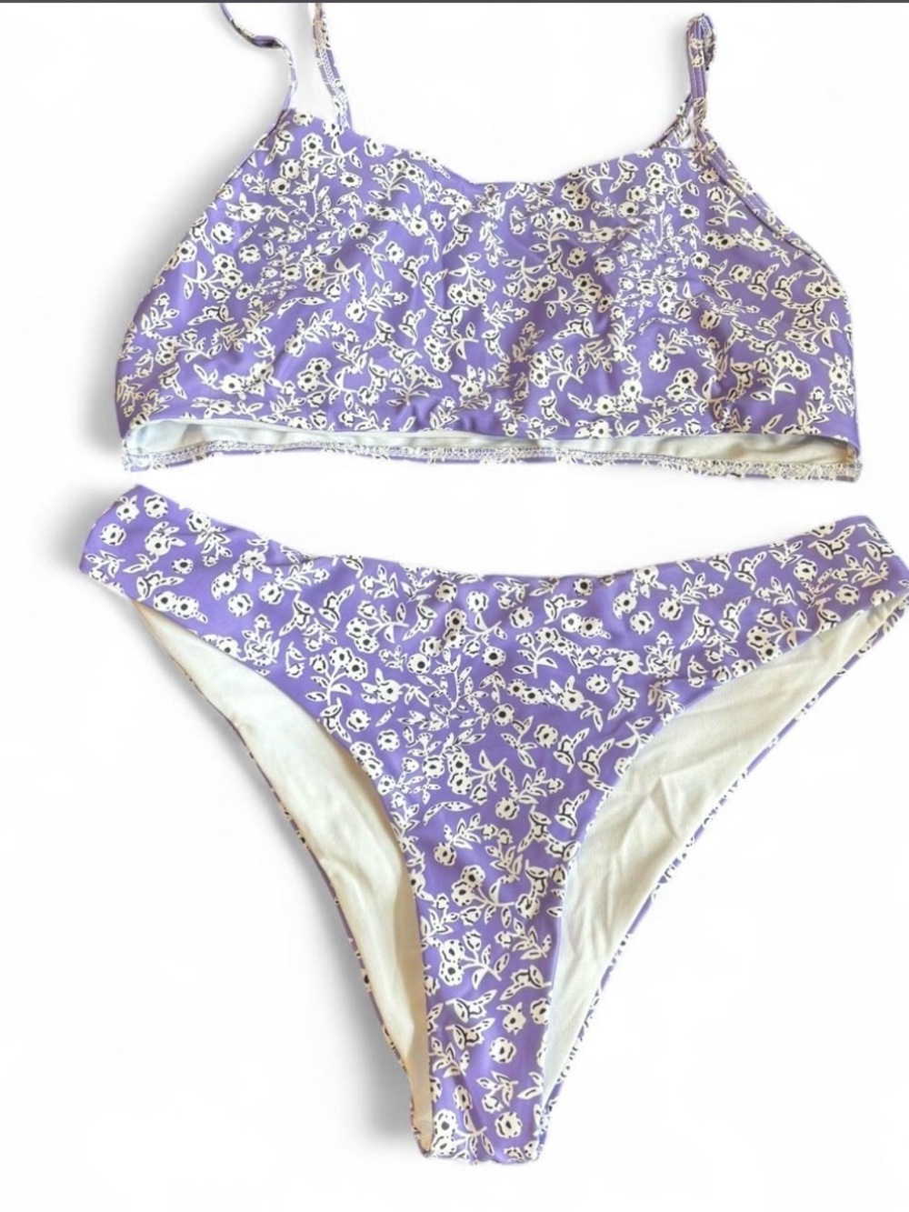 Purple White Floral Bikini Set Women’s Size L High Leg Swimsuit 2 Piece